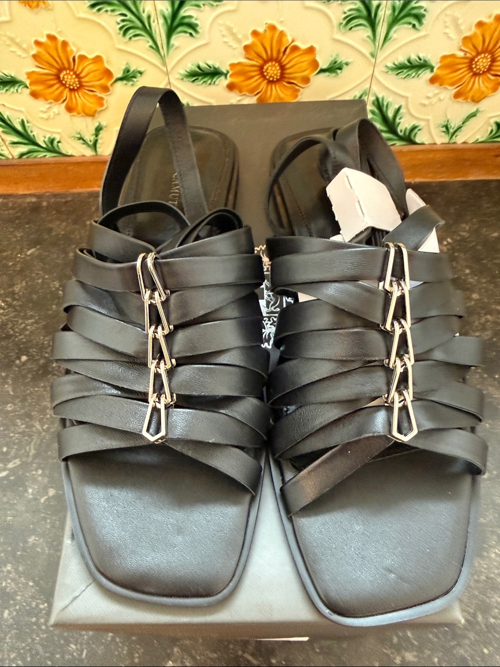 Vince Camuto Black Strappy Sandals with Silver Chain Accents